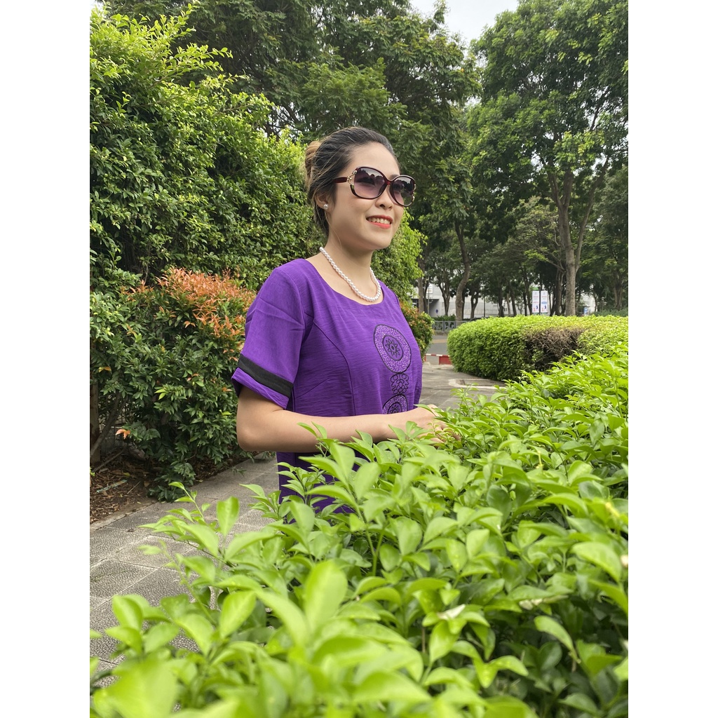 Đồ bộ trung niên cho mẹ Ống rộng lỡ thiết kế chất đũi thêu hoa DT03