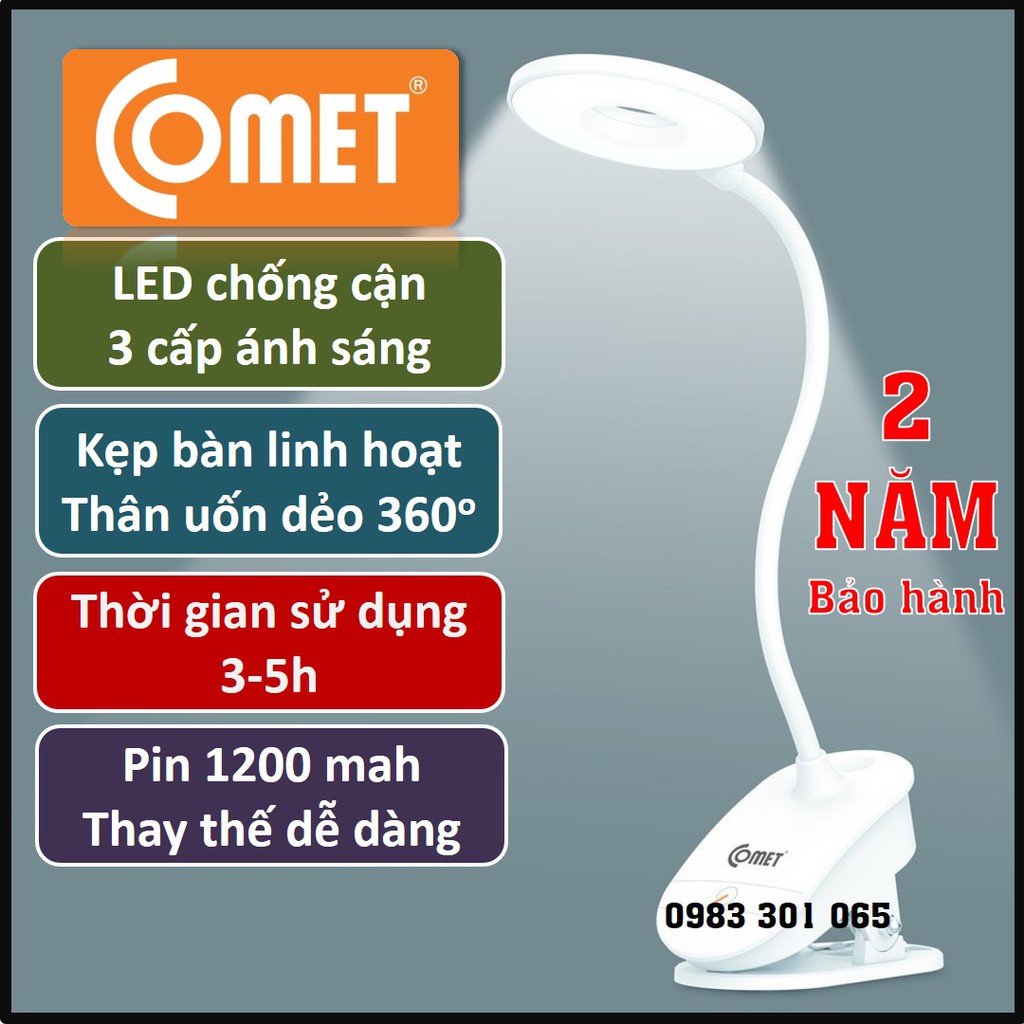 Đèn kẹp bàn chống cận Sạc pin tích điện COMET, 3W, 3 cấp ánh sáng, thời gian hoạt động 3-5h CT174