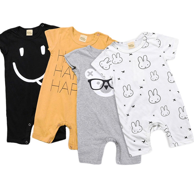 Bộ Áo Liền Quần Cotton Tay Ngắn In Họa Tiết Hoạt Hình Mặt Cười Dễ Thương Cho Bé Sơ Sinh