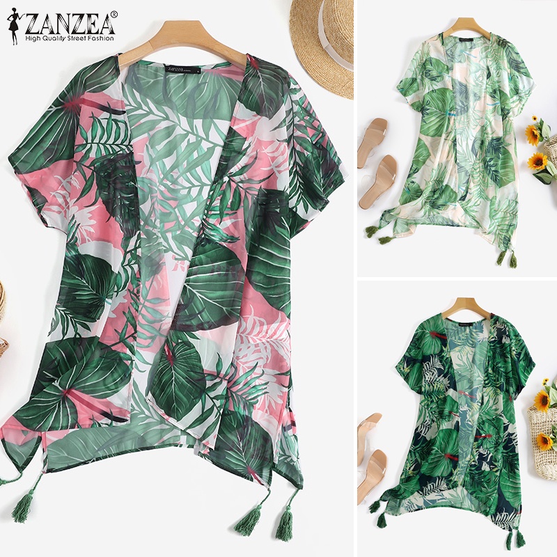 Áo khoác cardigan Zanzea tay cánh dơi cổ chữ V họa tiết hoa lá nhiệt đới hợp thời trang cho nữ