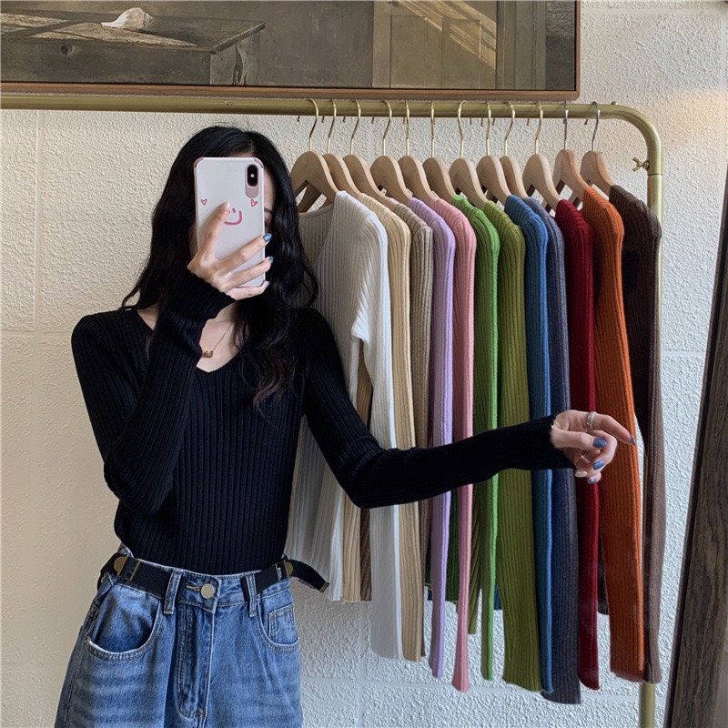 Áo Tăm Len Cổ Tim Tay Dài Hàng Quảng Châu Loai 1