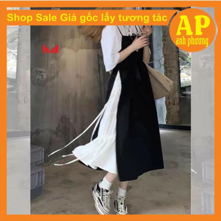[Mã FAMAYWA2 giảm 10K đơn 50K] Sét Váy 2 dây đi biển buộc eo Vintage Tiểu thư + áo thun trắng phong cách Hàn Quốc  ཾ ྇
