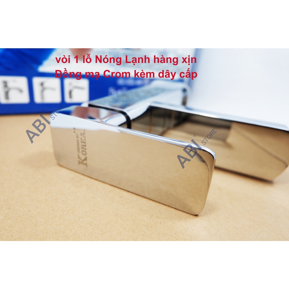 Vòi lavabo 1 lỗ nóng lạnh vuông Korea thân đồng hàng xịn B.H 2 năm, Vòi chậu rửa mặt 1 chân kèm đôi dây cấp nước