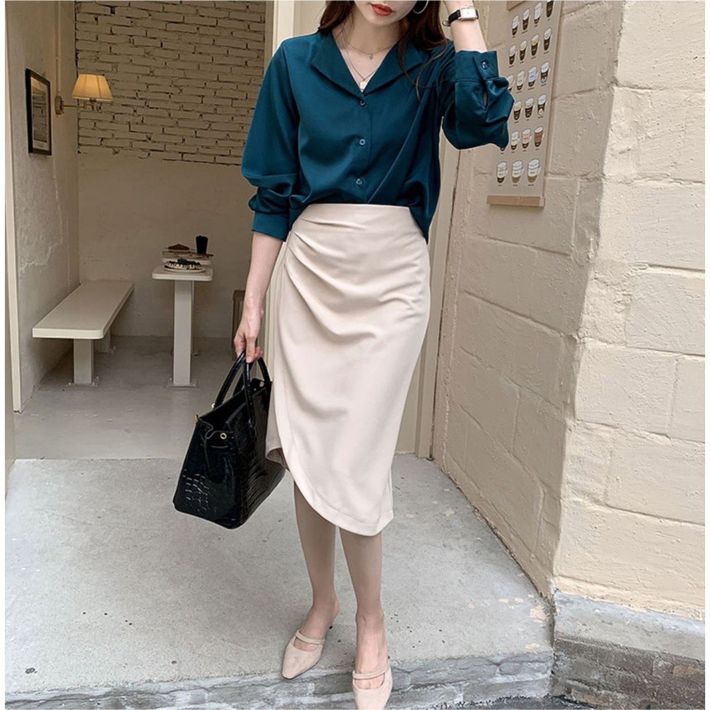 Chân váy Midi dài xẻ tà nhún eo giấu bụng phong cách sang trọng có bigsize Mely's Fashion CV21 | BigBuy360 - bigbuy360.vn