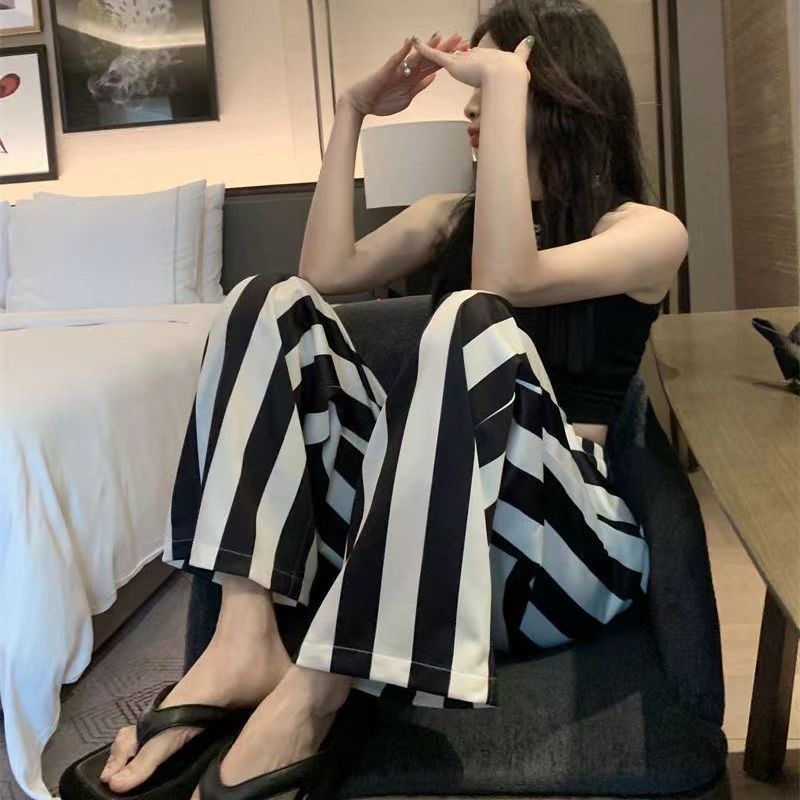 Jiashucheng Quần Dài Ống Rộng Họa Tiết Kẻ Sọc Trắng Đen Thời Trang Mùa Hè Cho Nữ