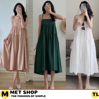 Váy đầm hai dây maxi xòe tầng đi biển dáng babydoll rộng mát hè dài bồng bềnh. MET SHOP