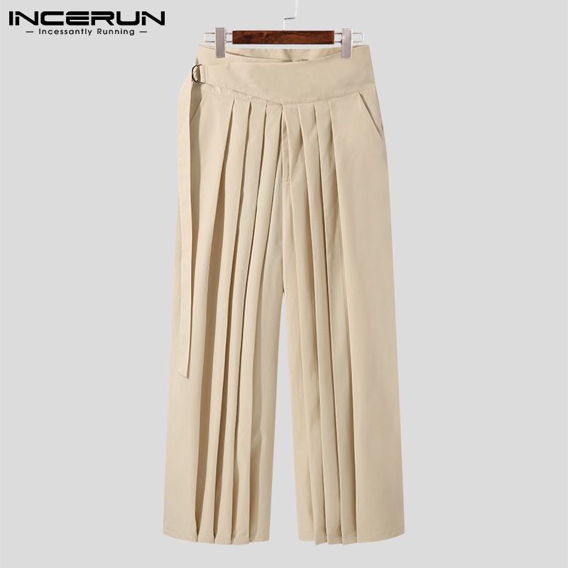 Quần xếp ly INCERUN ống rộng lưng cao màu trơn trẻ trung cho nam