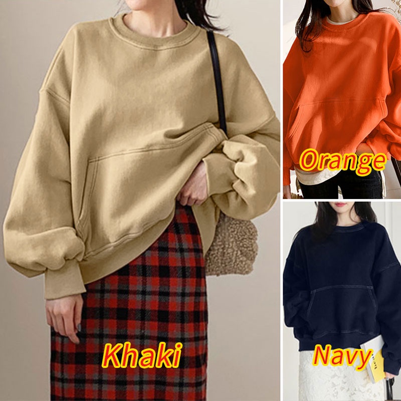 Áo sweatshirt ZANZEA cổ tròn dáng rộng tay dài màu trơn thời trang đường phố cho nữ