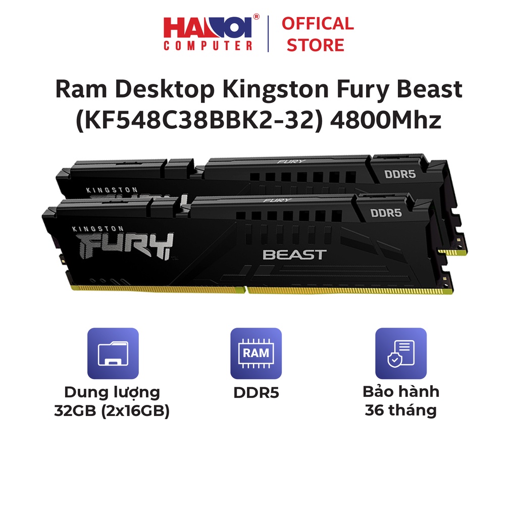 Ram Desktop Kingston Fury Beast (KF548C38BBK2-32) 32GB (2x16GB) DDR5 4800Mhz