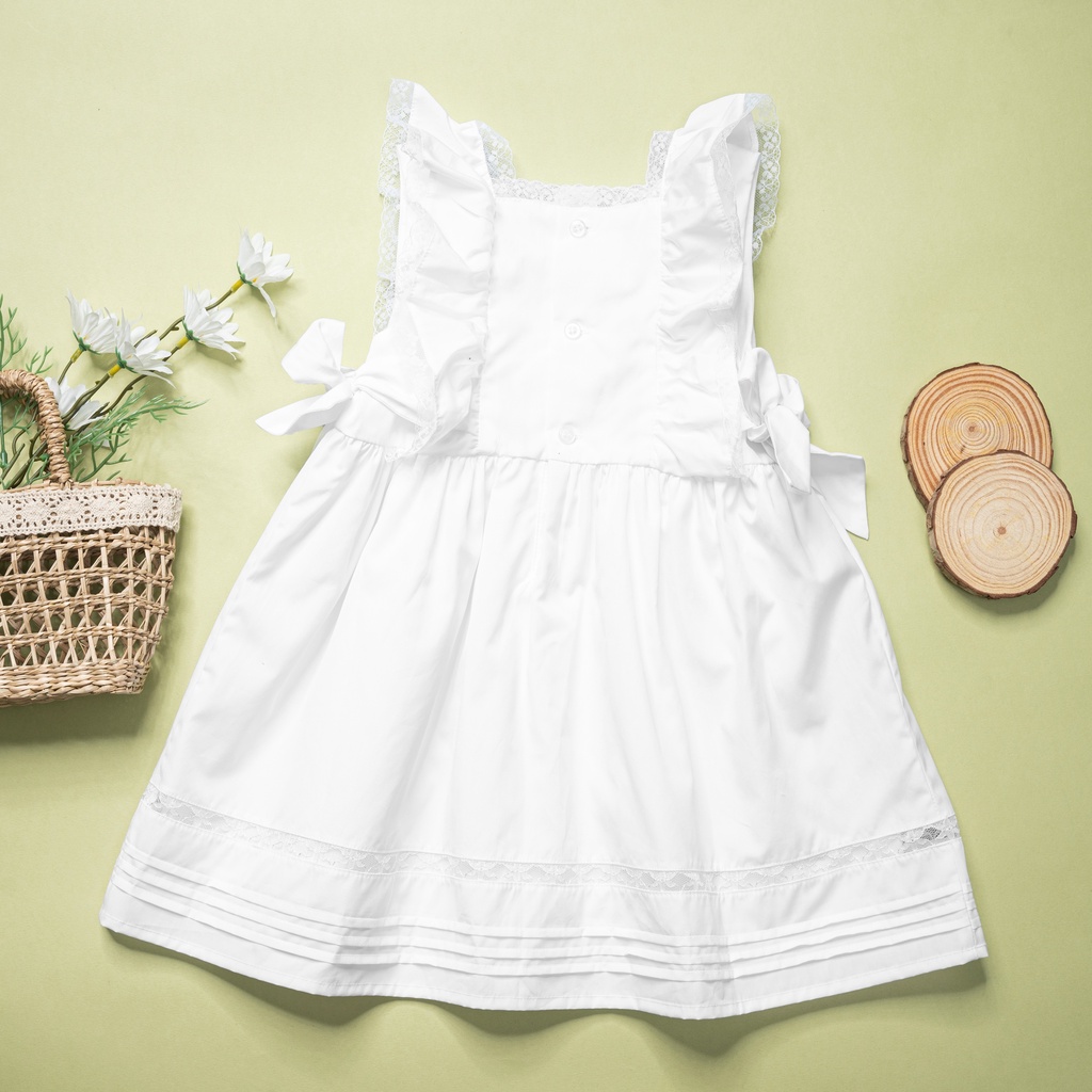 Đầm trắng bé gái tiểu thư xếp ply phối ren cotton cao cấp kiểu dáng cổ điển châu âu Pansies Kids