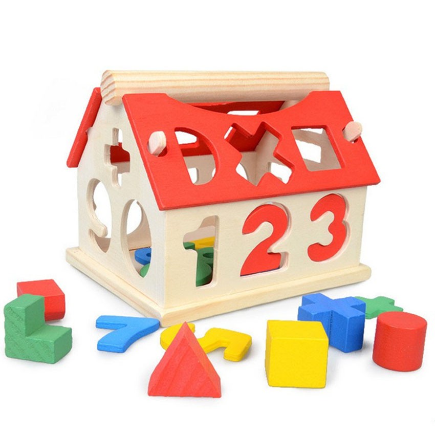 Nhà thả hình khối, số giúp bé tư duy phân biệt hình dạng màu sắc - Đồ chơi gỗ Montessori - Mina Shop- dochoigo012