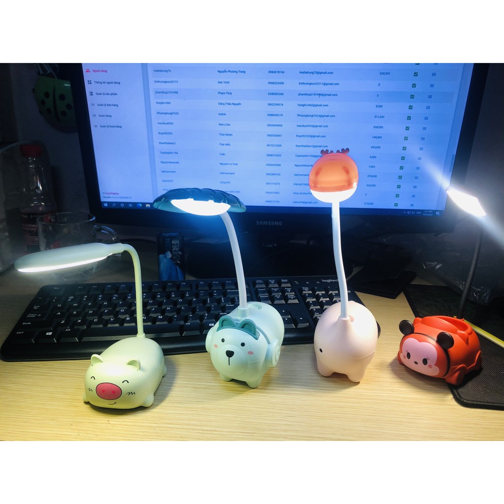 Đèn bóng led để bàn học đèn đọc sách hình động vật mini có pin tích điện hình heo ốc sên mèo, dây sạc USB đi kèm