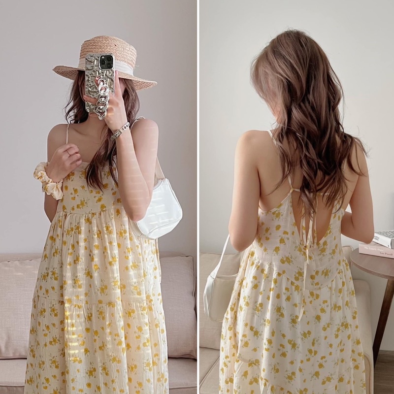 Váy - Đầm MAXI chất ĐŨI XƯỚC đi biển 2 dây hoa nhí BUỘC LƯNG kèm SCRUNCHIES dáng dài