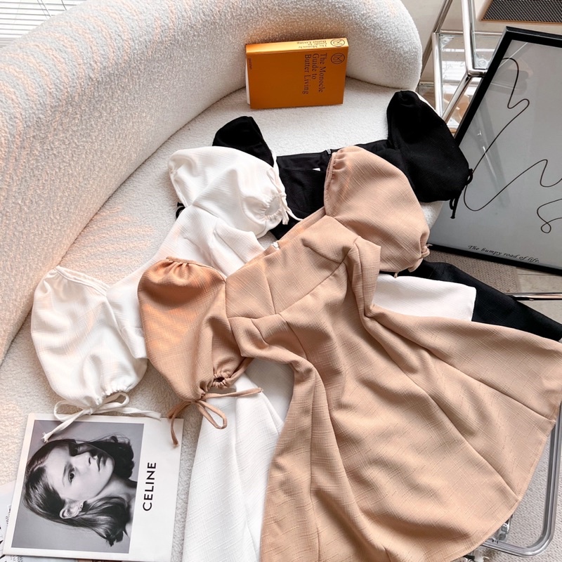 ĐẦM CÚP NGỰC TAY PHỒNG NƠ 3 MÀU