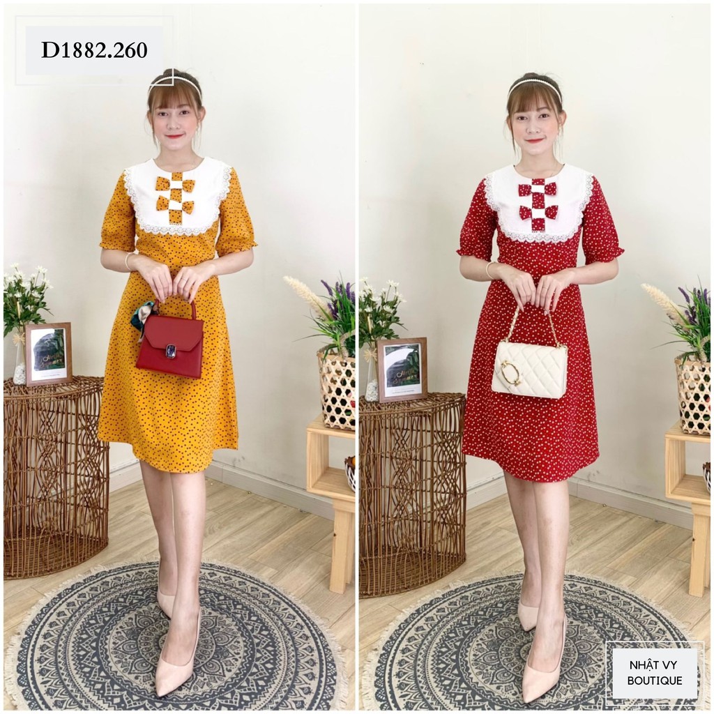 Đầm Nữ NHẬT VY Dự Tiệc Bi Tim Chít Eo Nơ Ngực Chất Mango Màu Vàng, Đỏ - D1882 | BigBuy360 - bigbuy360.vn