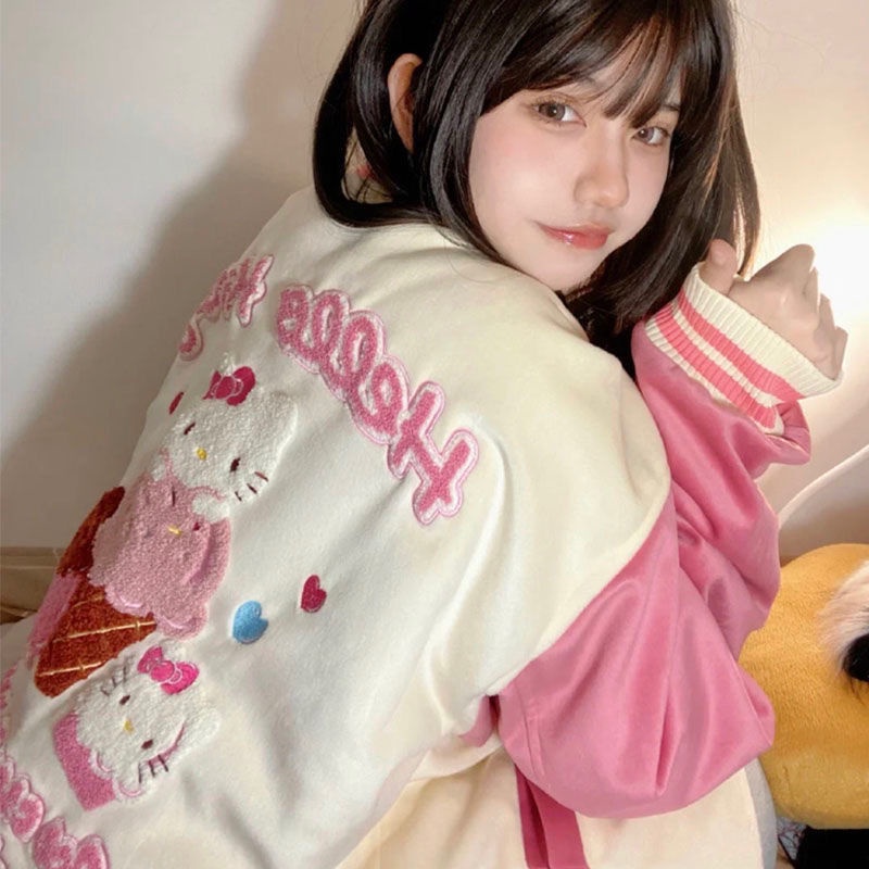 ✯Áo Khoác Dày Thời Trang Thu Đông✯Áo Khoác Bóng Chày In Hình Cây Kem Hello Kitty Màu Tương Phản Thời Trang Thu Đông Nhật Bản Cho Nữ