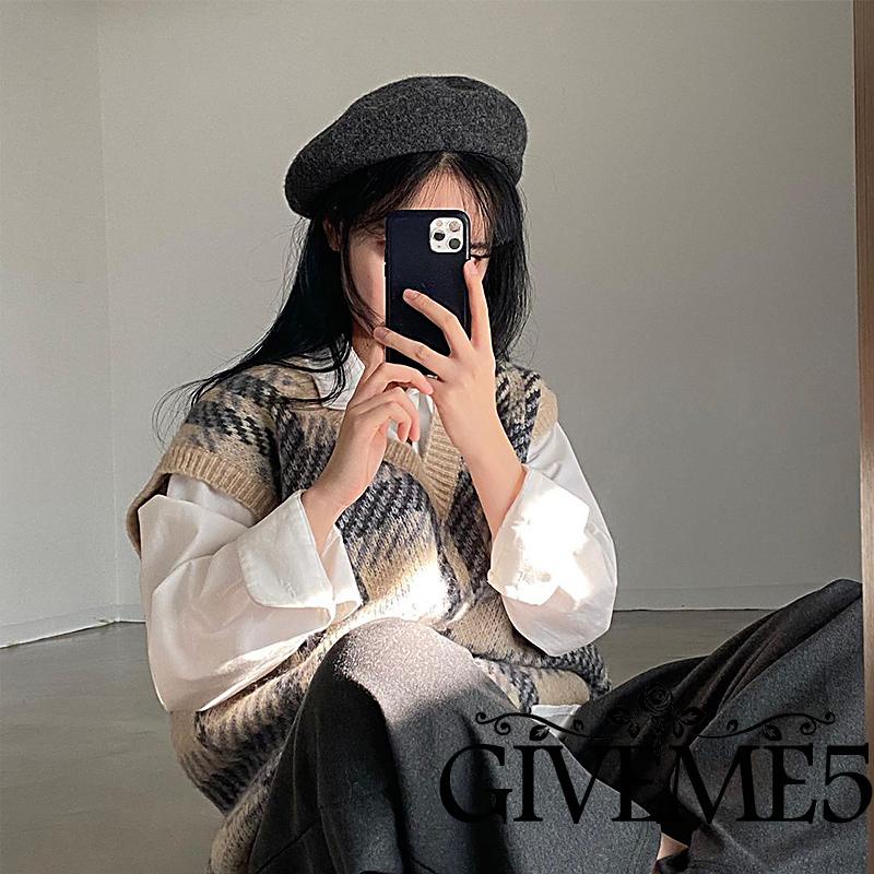 Áo len không tay cổ chữ V màu sắc vintage cho nữ