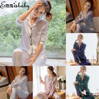 Bộ đồ ngủ pajamas áo dài tay cổ bẻ + quần short vải phi bóng cho nữ