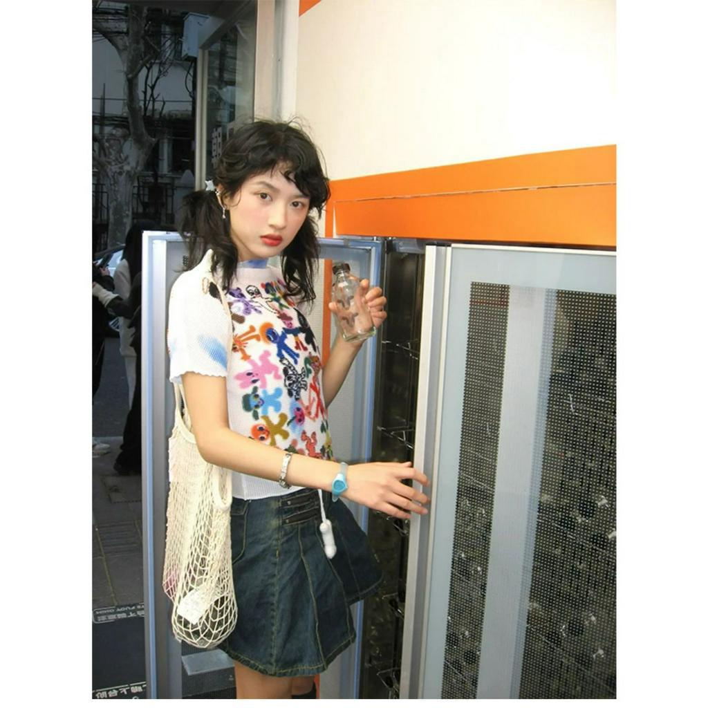 ZHELIHANGFEI Áo Thun Tay Ngắn Cổ Tròn In Họa Tiết Hoạt Hình Graffiti Thời Trang Mùa Hè Cho Nữ