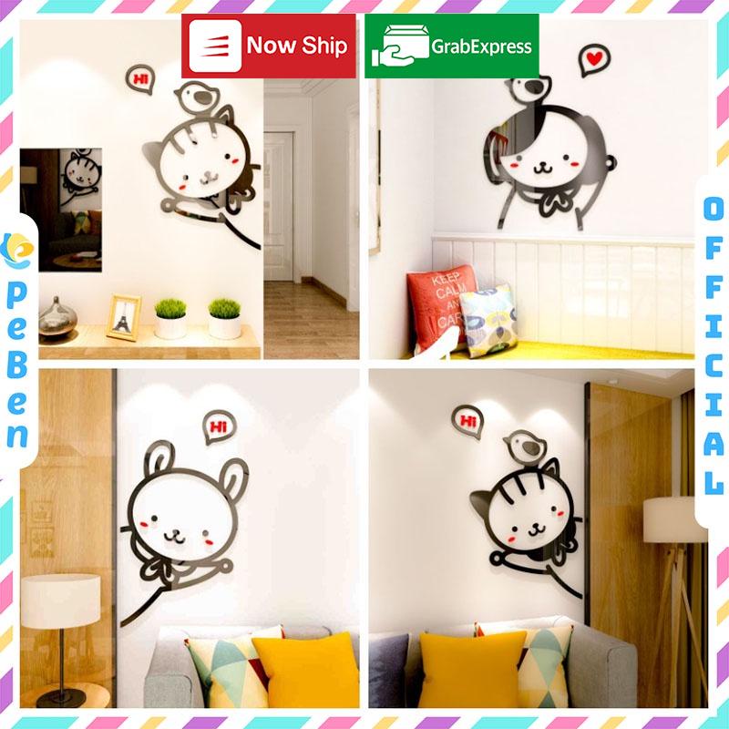 Tranh dán tường mica 3d Mèo Chó Thỏ dễ thương Dán Cửa trang trí mầm non, phòng cho bé Nhiều Size - EPeBen