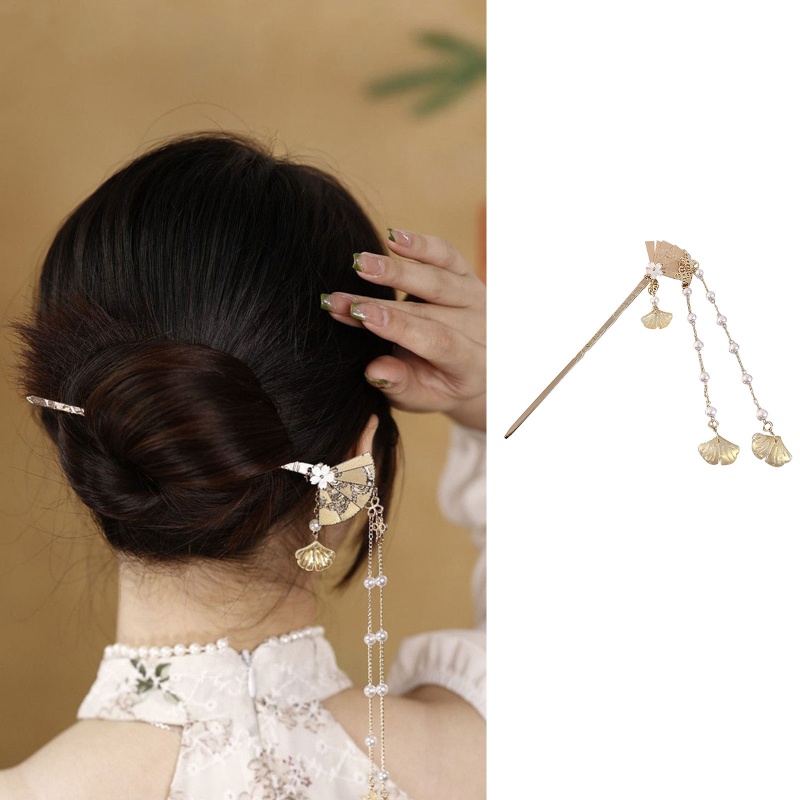 Trâm Cài Tóc Hình Quạt Đính Ngọc Trai Giả Bằng Hợp Kim Màu Sắc Vàng Phong Cách Trung Hoa Cổ Điển Dành Cho Bạn Nữ