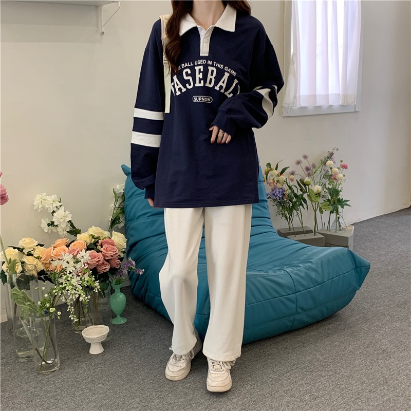 Áo Thun Polo Tay Dài In Chữ Màu Sắc Tương Phản Thời Trang Mùa Thu Cho Nữ