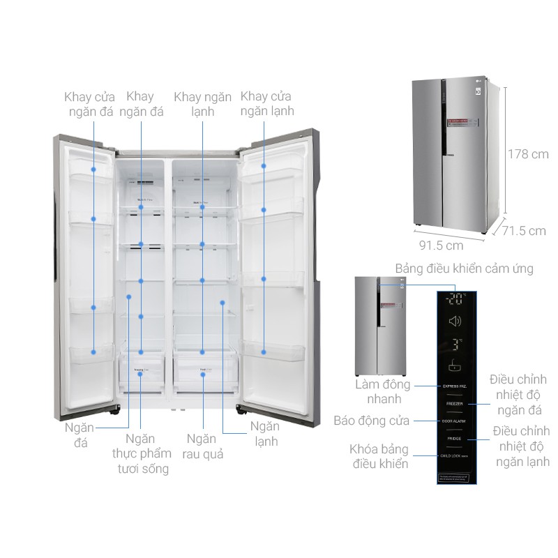 Tủ lạnh LG Inverter 613 lít B247JDS. side by side