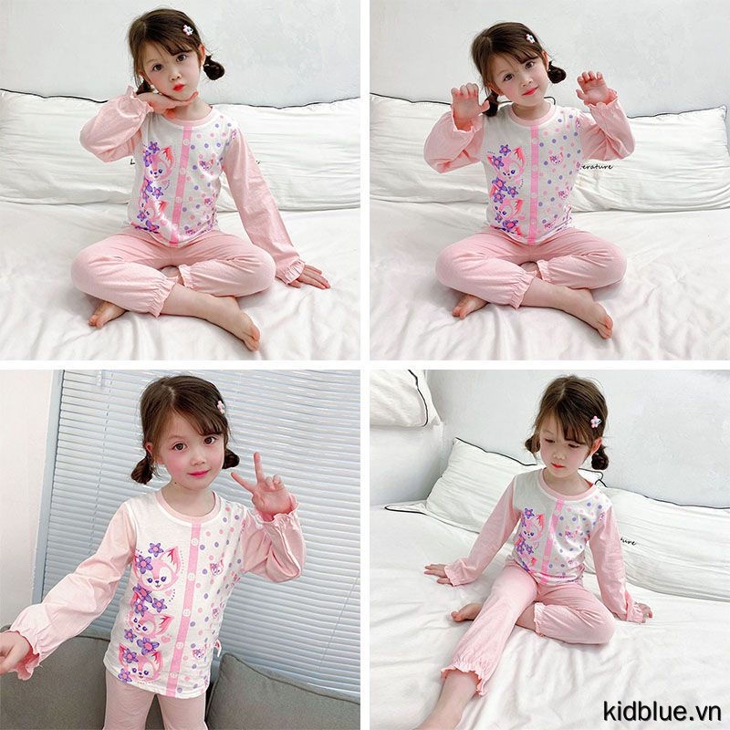 Bộ Đồ Ngủ Tay Dài Vải Cotton Phối Nút In Hoạt Hình Dễ Thương Cho Bé
