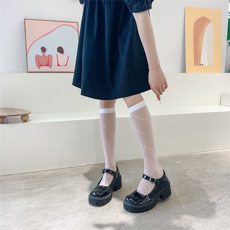 Xiangbao Tất Lưới Dài Qua Gối Vải Lụa Trong Suốt Họa Tiết Chấm Bi Phong Cách Preppy Nhật Bản Cổ Điển Cho Nữ