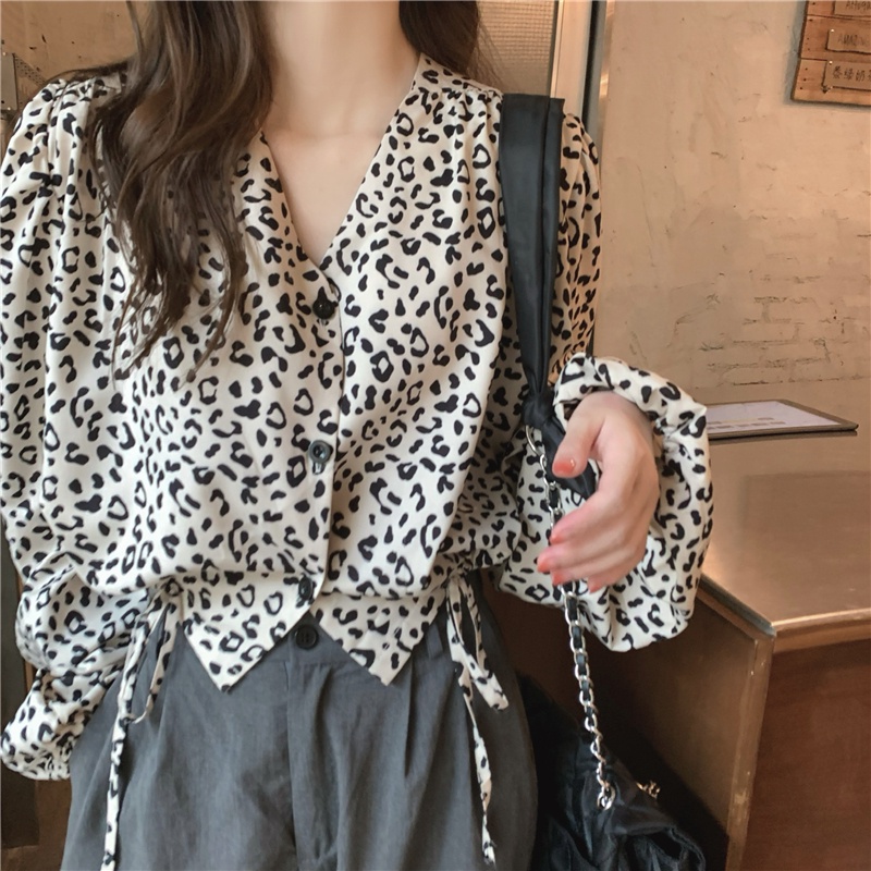 SUXI Áo Nữ Tay Dài Cổ Chữ V Họa Tiết Da Báo Thời Trang Cá Tính