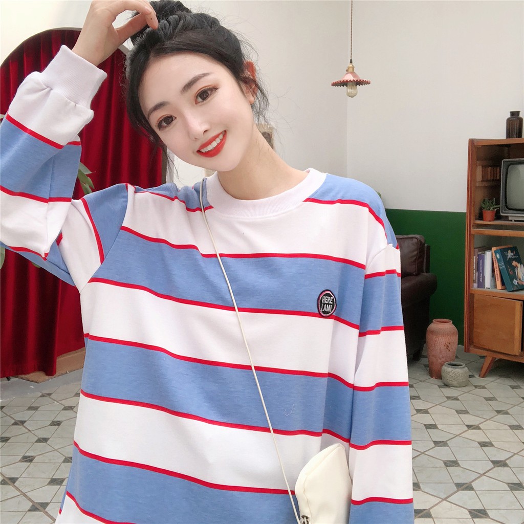 Áo nỉ nữ kẻ xọc xanh trắng 2020 (kèm hình thật)