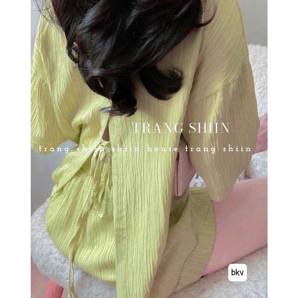 Set áo sơ mi tay lỡ form rộng xẻ sau buộc dây mix quần short vải đũi hàng đẹp Bingshop