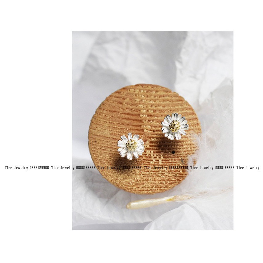 Khuyên tai bạc nữ TLEE hoa cúc nhiều cánh nhị xi vàng 14kara TleeJewelry B0311