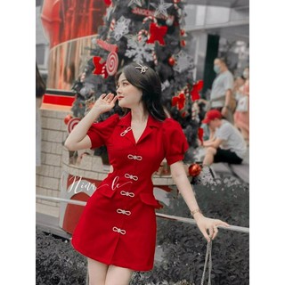 ĐẦM ĐỎ CỔ VÉT ĐÍNH NƠ ĐÁ KHOÉT EO [SIÊU RẺ] [BAO ĐẸP Y HÌNH]