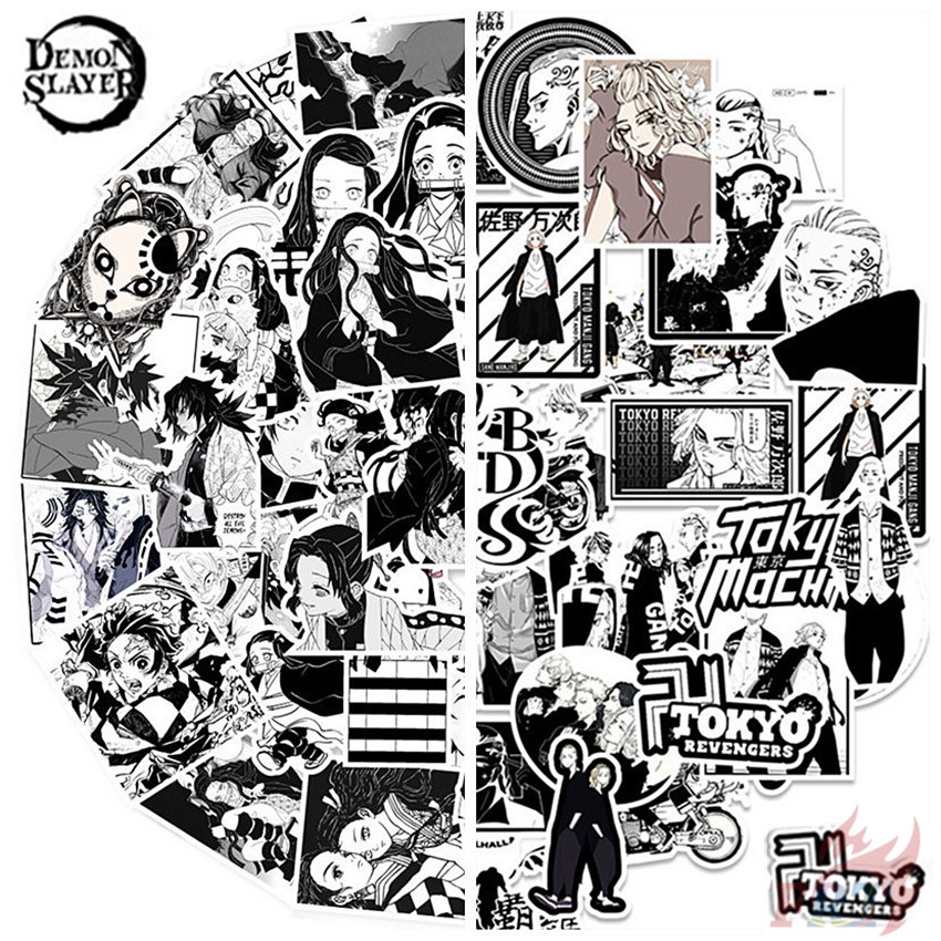 Bộ 100 Cái / Bộ ❉ Demon Slayer & Tokyo Revengers. Hình Dán Đen Trắng Cổ Điển ❉ Miếng Dán Decal Chống Thấm Nước Thời Trang Diy