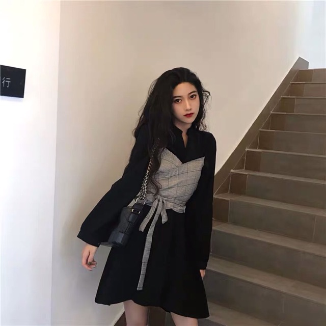 Bigsize L-4XL Đầm santo đen cổ tàu phối yếm buộc ngực kẻ caro cá tính