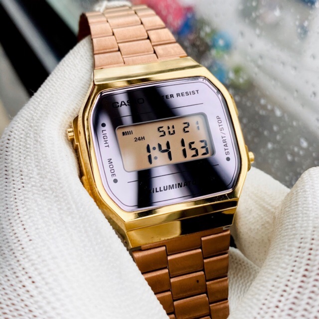 Đồng hồ điện tử nữ dây thép Casio standard A168 Rose Gold ngọt ngào