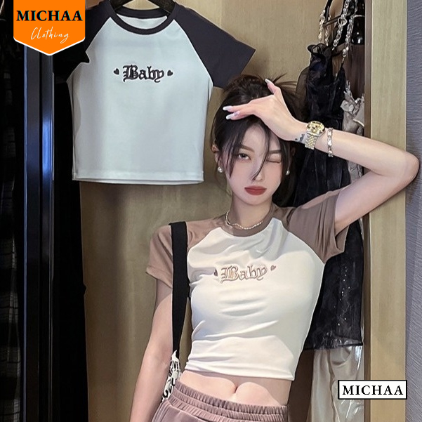 Áo Croptop Ôm Body Nữ BABY THÊU Cổ Tròn Tay Ngắn, Áo Thun Croptop Kiểu Thêu Họa Tiết MICHAA CR85
