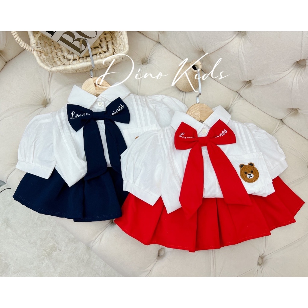 Đồng phục học sinh, set váy 3ct: áo sơ mi trắng thêu mặt gấu, chân váy xếp ly và nơ siêu xinh cho bé gái size 12-24kg