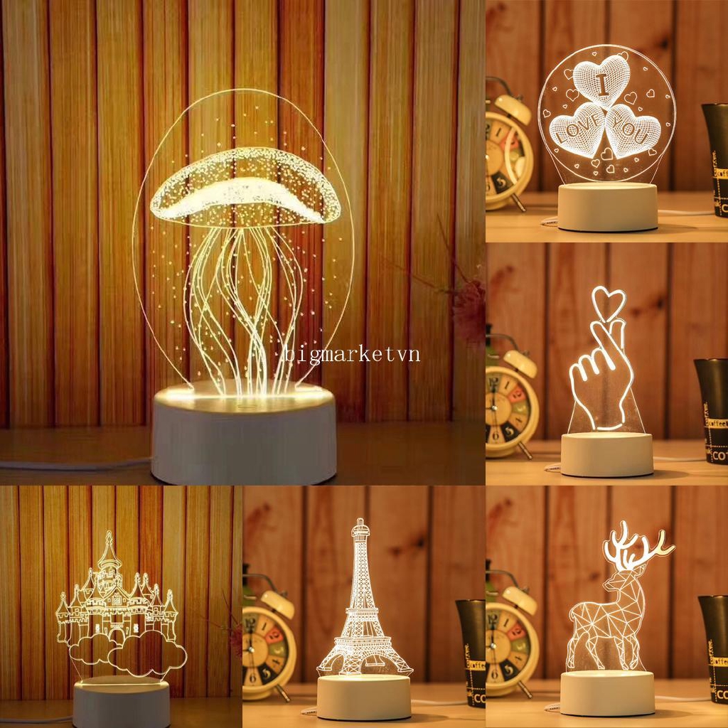 Đèn LED 3D ban đêm trên bàn , sạc USB , ánh sáng trắng ấm