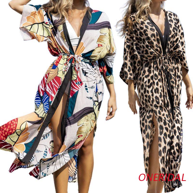 ONERI Áo choàng kimono dáng dài xẻ tà trước in họa tiết da báo phong cách Boho cho nữ