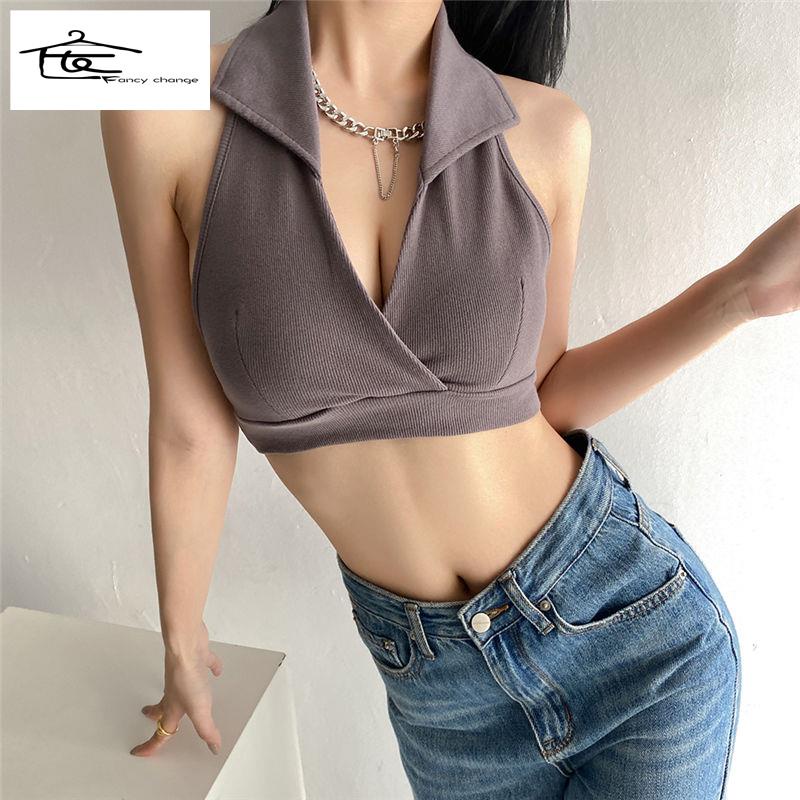 Áo Hai Dây Cổ Chữ v Siêu Ngắn Màu Trơn Phong Cách Retro Quyến Rũ Dành Cho Nữ