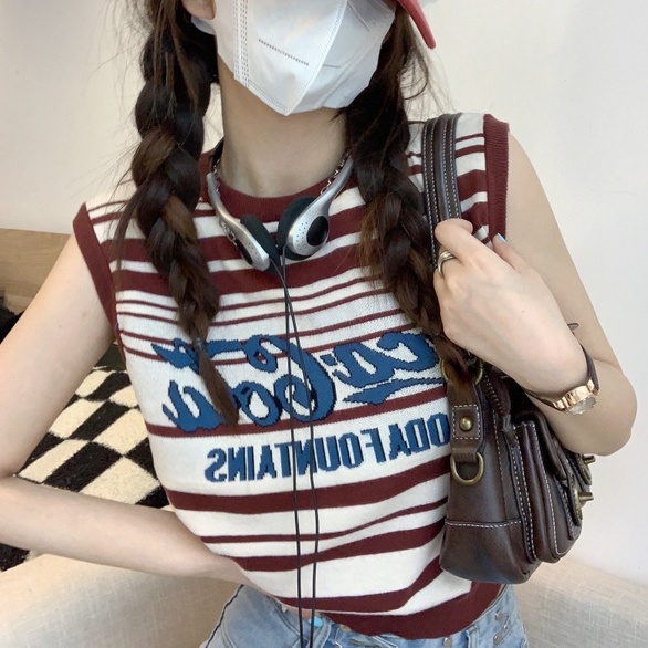 Áo kiểu ZHELIHANGFEI dệt kim sát nách thiết kế hở eo phong cách Mỹ trẻ trung thời trang