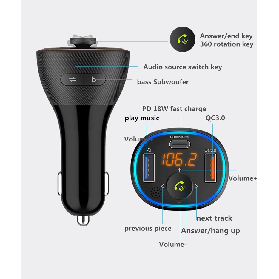 Ô tô Bluetooth MP3 Receiver 5.0 Play Phụ kiện ô tô Đa chức năng Âm nhạc Thuốc lá Sạc nhanh