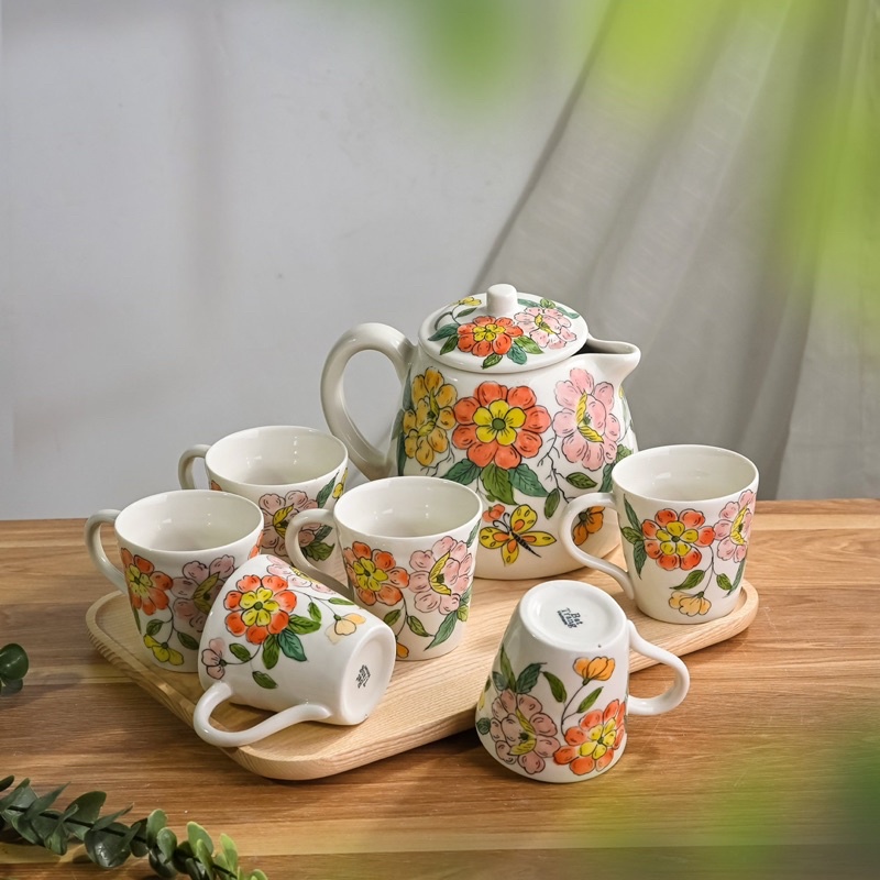 Bộ ấm chén trà - Bộ bình uống nước họa tiết vẽ tay Gốm Sứ Bát Tràng cao cấp