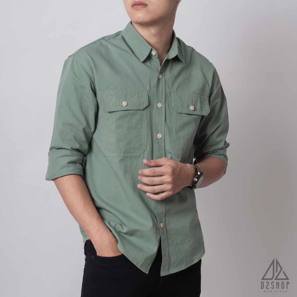 Áo sơ mi D2shop, áo sơ mi nam dài tay vải kaki túi hộp, màu xanh