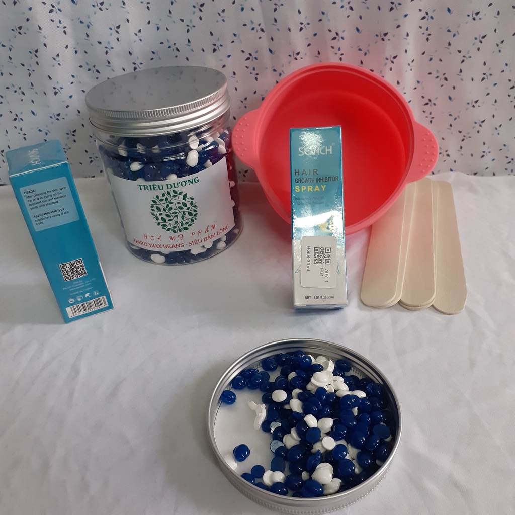 Set wax lông sáp hộp màu 200g -300g + chén chống dính silicon + Serum xịt làm chậm quá trình mọc lại lông sau wax