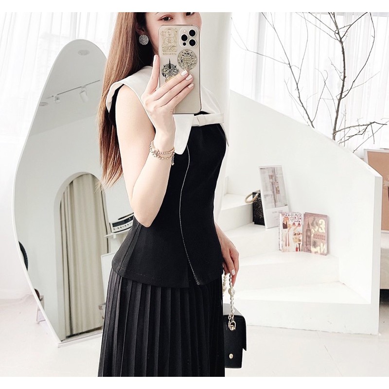 [BÁN BUÔN & LẺ] áo kiểu nữ G158 phối 2 màu đen và trắng, kiểu dáng độc lạ, dễ phối hợp váy và quần hợp thời trang