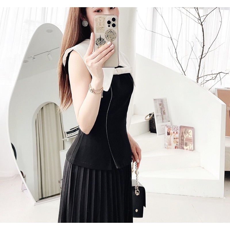[BÁN BUÔN &amp; LẺ] áo kiểu nữ G158 phối 2 màu đen và trắng, kiểu dáng độc lạ, dễ phối hợp váy và quần hợp thời trang