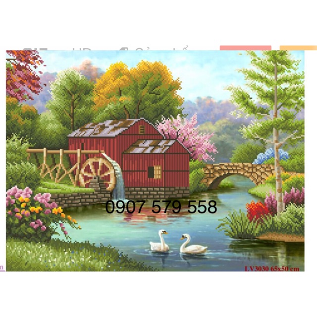 Tranh thêu phong cảnh ngôi nhà hạnh phúc lv3030 kt 65x50 cm